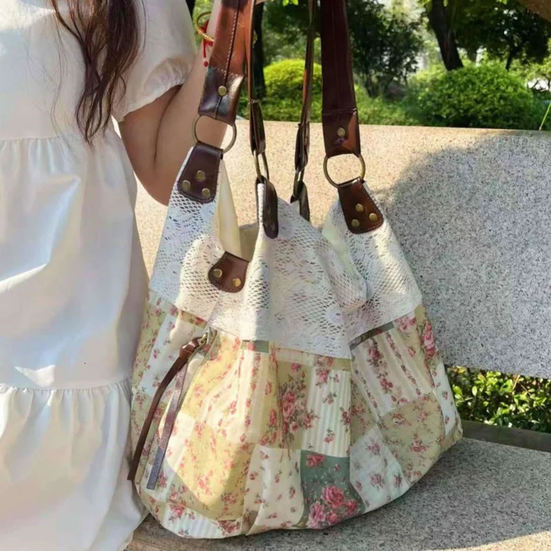 Vintage Contrast Color Patchwork Handbags Women Fairy Floral Print Chic Underarm Bag Casual Shopping Shoulder Bags Y2k Aesthetic 251029