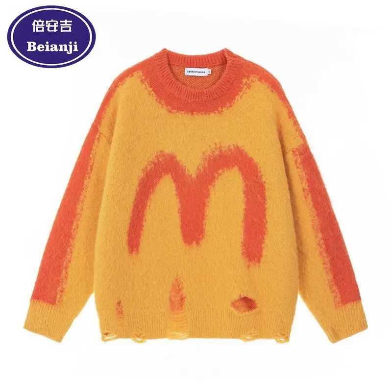 Beianji men sweater M niche design sense orange knitted sweater men and women American retro casual ripped couple longsleeve top J251029