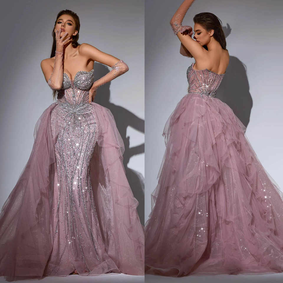 Luxury Mermaid Evening Dress Sleeveless for Women Detachable Skirt Beaded Crystal Formal Prom Wedding Party Gown Customized