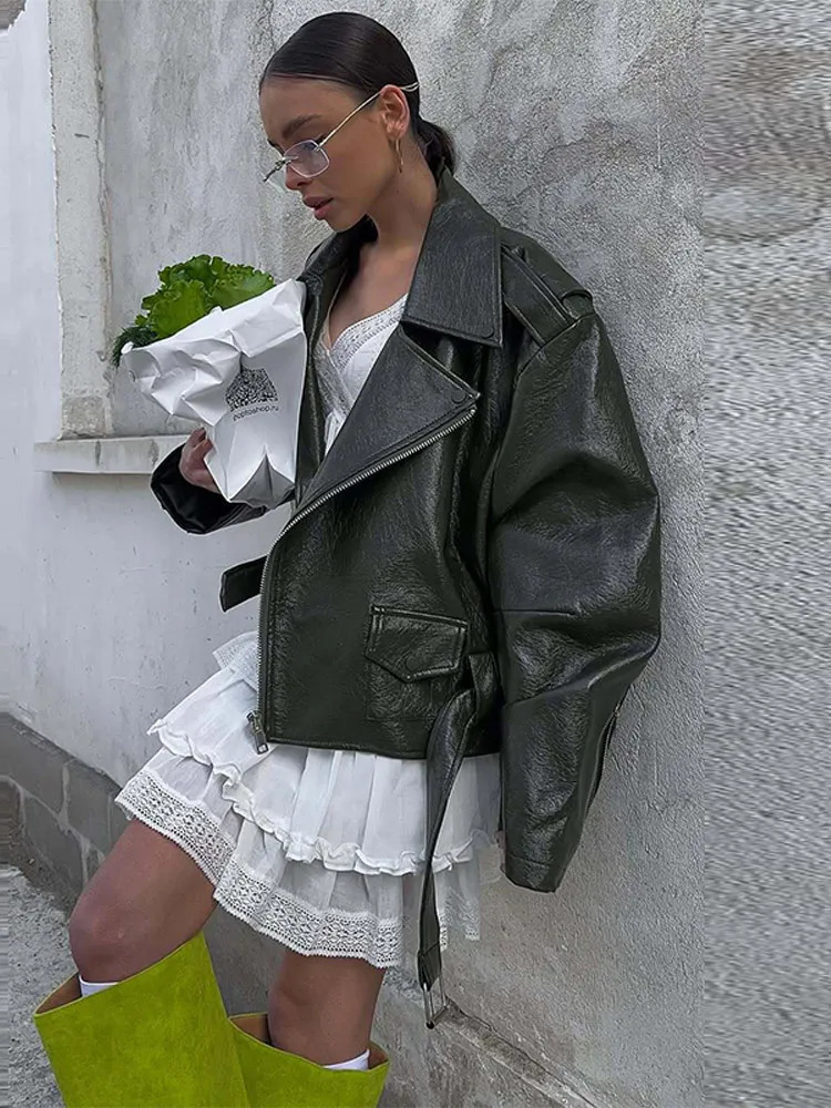 Olive Green Leather Jacket Coat Silhouette Vintage High Street Trend Zipper Lapel Short Overcoat Loose Casual Top Outwear Autumn 251029
