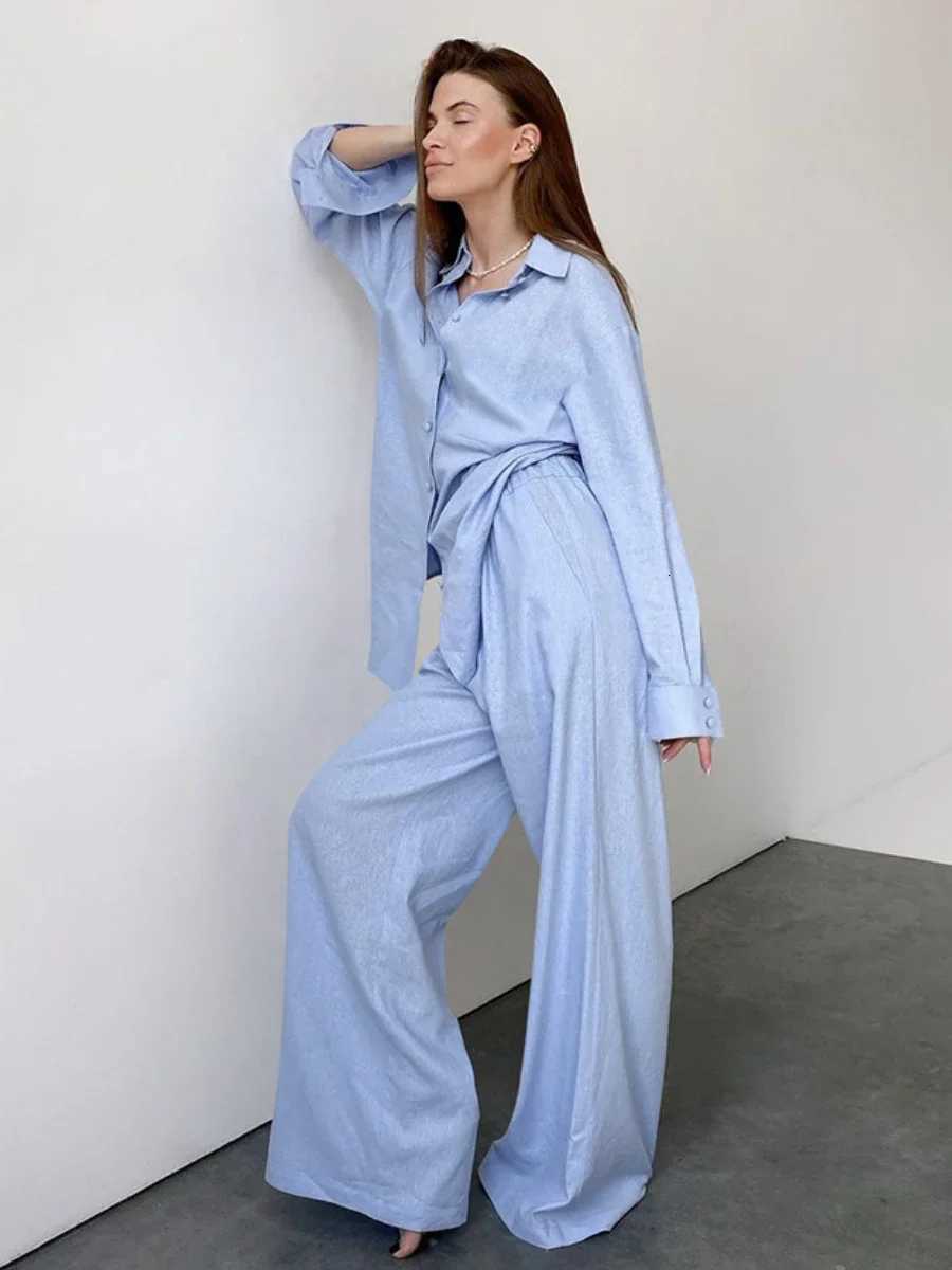 Blubelle 100 Cotton Blue Cardigan Long Sleeved Pants Pajamas TwoPiece Set Loose Casual Shirt Trousers Womens Home ClothingT251029