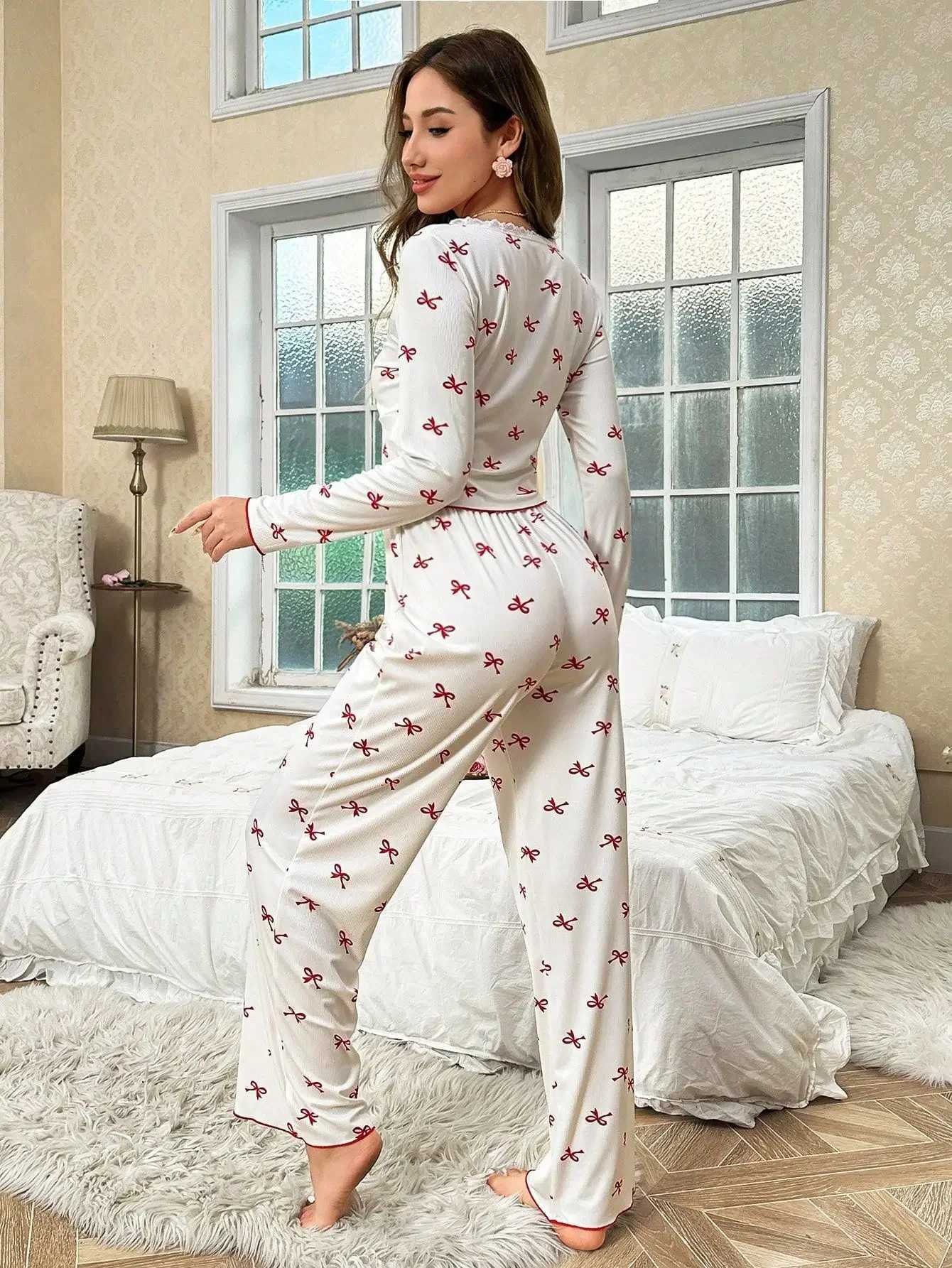 Women Winter Autumn Pajama Set Lace Trim Bows Print Long Sleeve Top FullLength Pants Sleepwear Nightwear LoungewearT251029