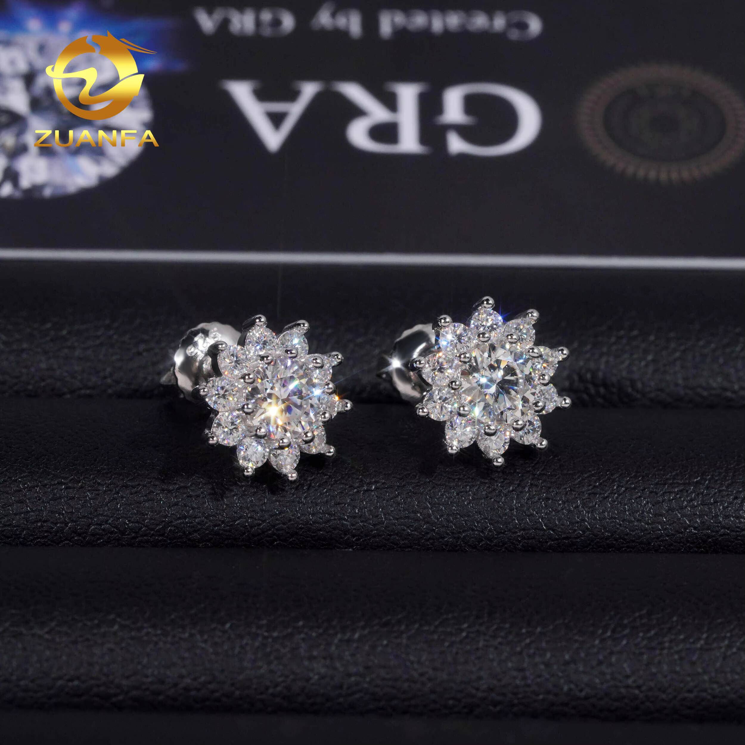 USA Local Stock 10mm Flower Moissanite Iced Out Stud Earrings Cluster Hip Hop 925 Silver Ear Studs Pass Diamond Tester