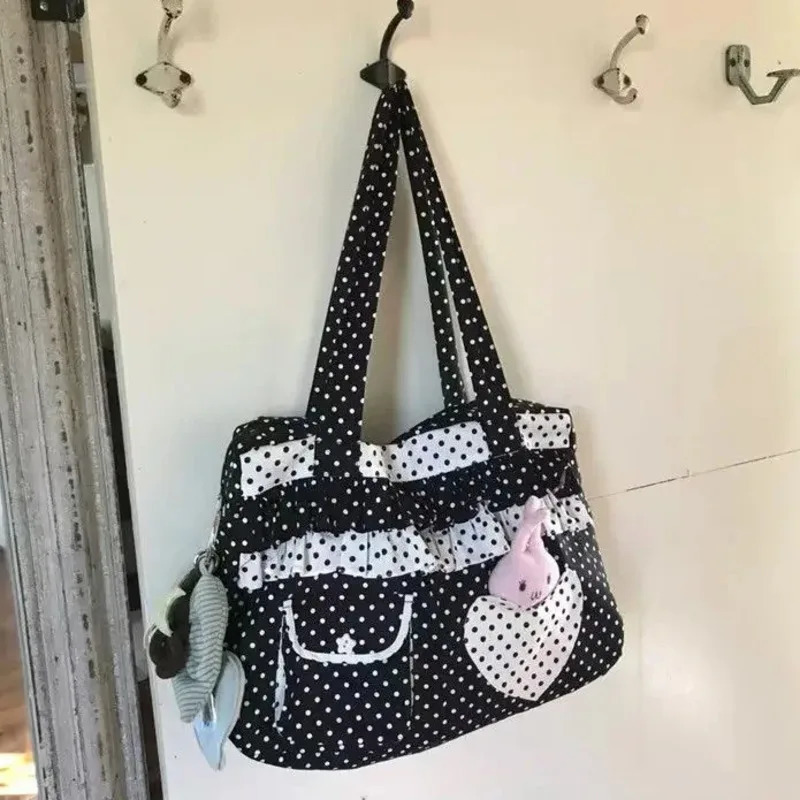 Dot Pattern Casual Shoulder Bag Ruched Sweet Large Capacity Tote Bags Heart Pocket Cute Handbag Commuting Bags For Women 251029