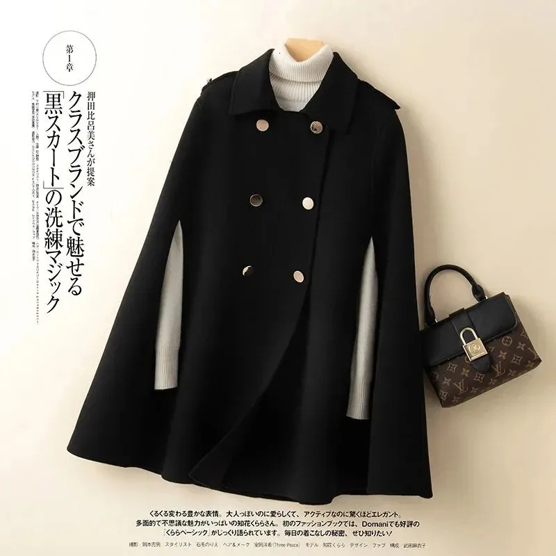 100 Wool Mid Long Bat Cape Women Woolen Coats Autumn Loose Double Sided Cashmere Coat Female Fashion Camel Black Outerwear 251029