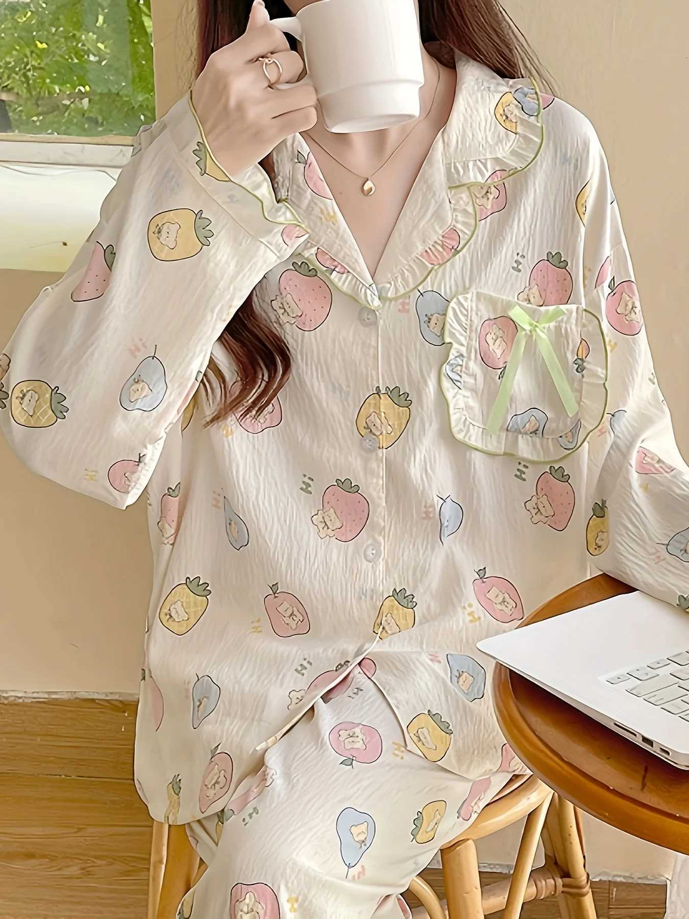 New Womens Pajama Set for Spring Autumn Long Sleeve Long Pants Cute Sweet LooseFit LoungewearT251029