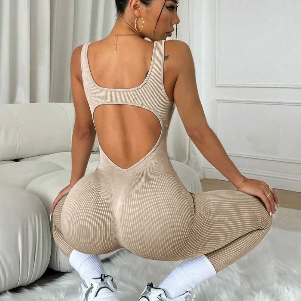 Ribbed Yoga Jumpsuit Sport Women Yoga Set bodysuit For Fitness Gym Clothing Sportswear Overalls Dance Dress Workout ClothesXJ251029
