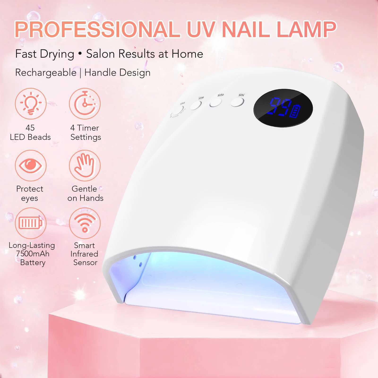 Cordless Rechargeable Nail Lamp with Handle 4 Timers Low Heat Mode Large Space UVLED Gel Dryer 2500mAh J251115