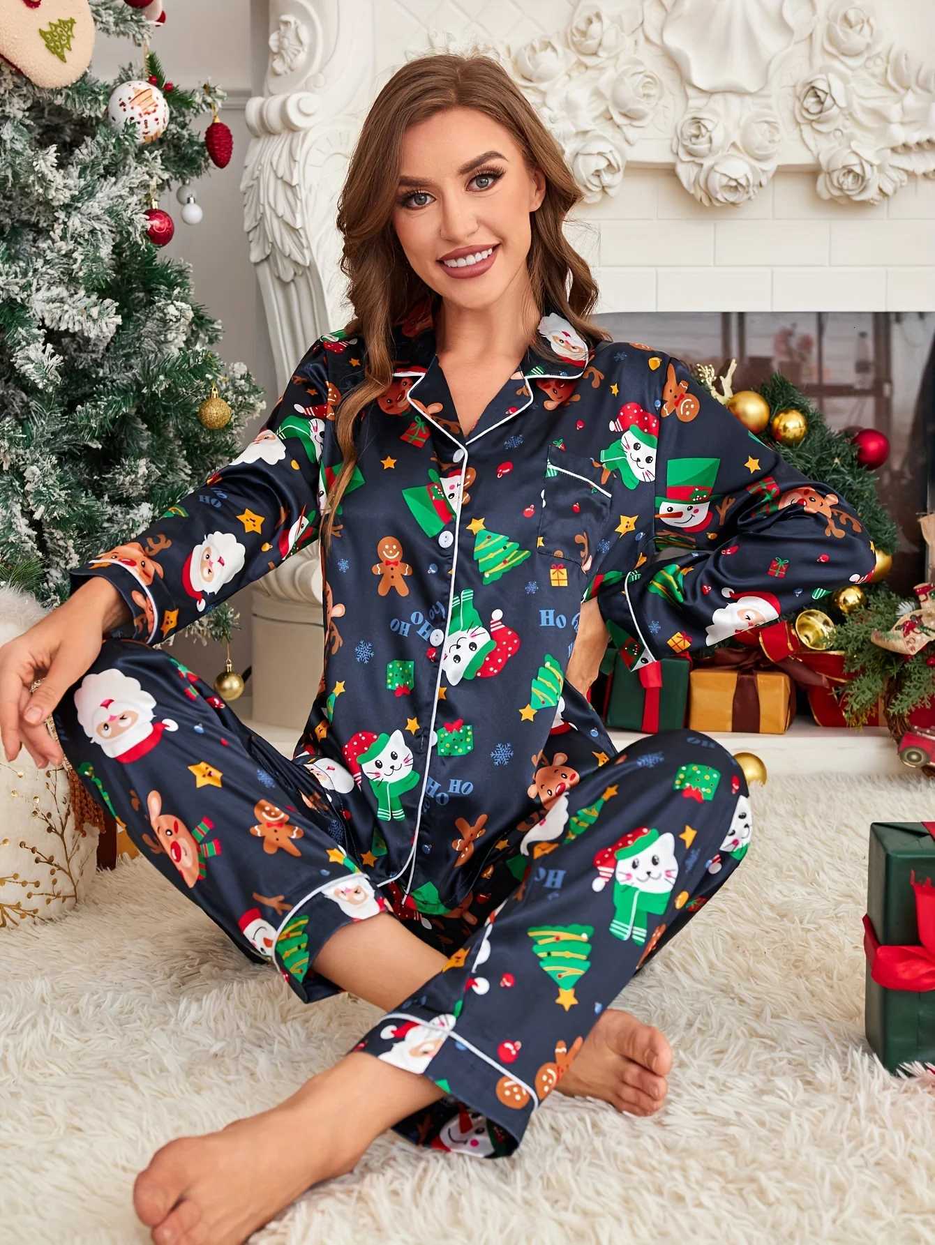 Christmas Holiday Satin Pajama Set for Adults Long Sleeve Party Pajama Pants and Top with Festive Print Reversible Buttoned PT251029