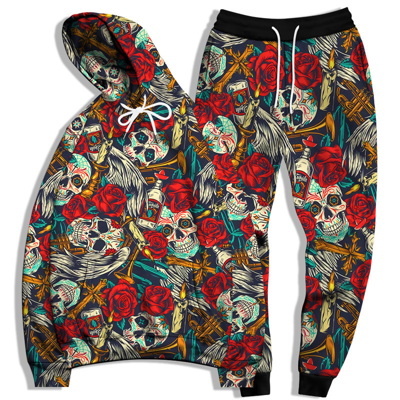 New designer fashion men's sportswear skull digital print hoodie men's fashion brand hoodie set