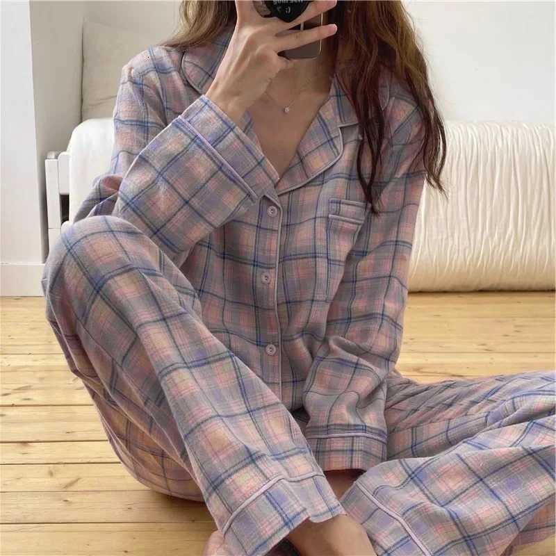 Women Spring Autumn Classic Plaid Pajamas Set Korean Sleepwear Long Sleeve Lapel Homewear Female Casual Loose LoungewearT251029