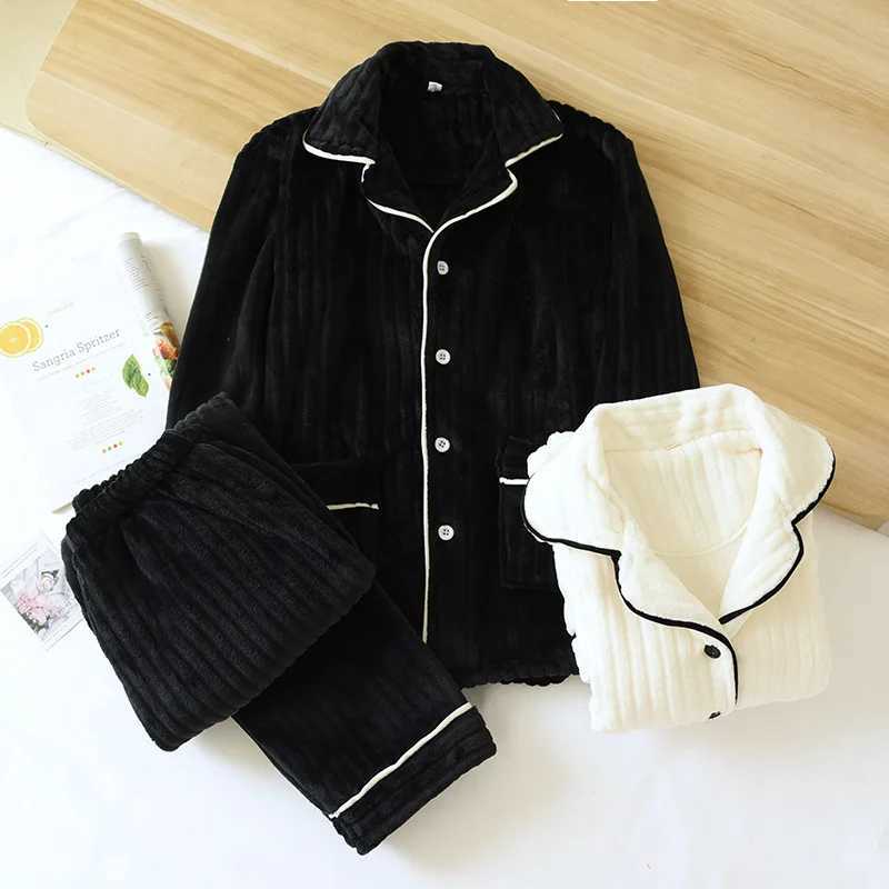 Warm Coral Fleece Autumn Winter Pajamas Women Flannel Thickening Couple LongSleeved Lapel Home Service Mens Sleepwear SuitT251029