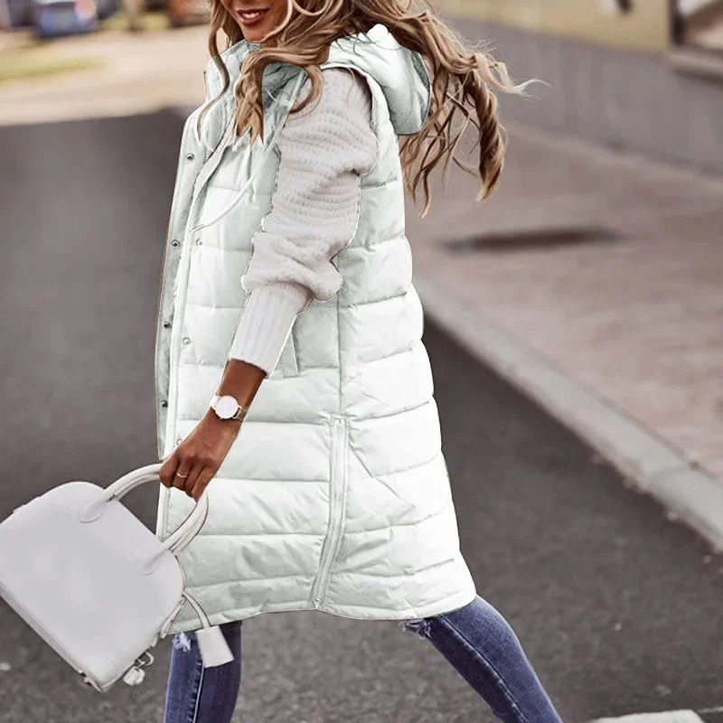 Womens Fashion Hood Long Coat Vest Autumn Winter Warm Sleeveless Jacket Waistcoat Solid Color Single Breasted Outwear 251027