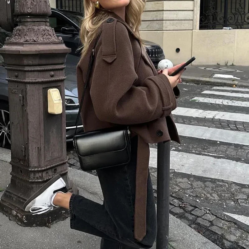 European and American womens clothing big lapel woolen sweater fashion short belt coat jacket 251029