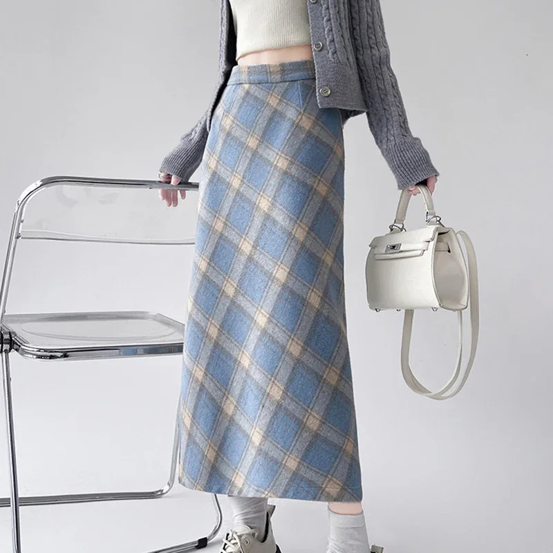 2025 Autumn Vintage Woolen Plaid Skirts Lady Elegant High Waist Slimming ALine Skirt Women Korean Streetwear Slit Long Skirt 251028