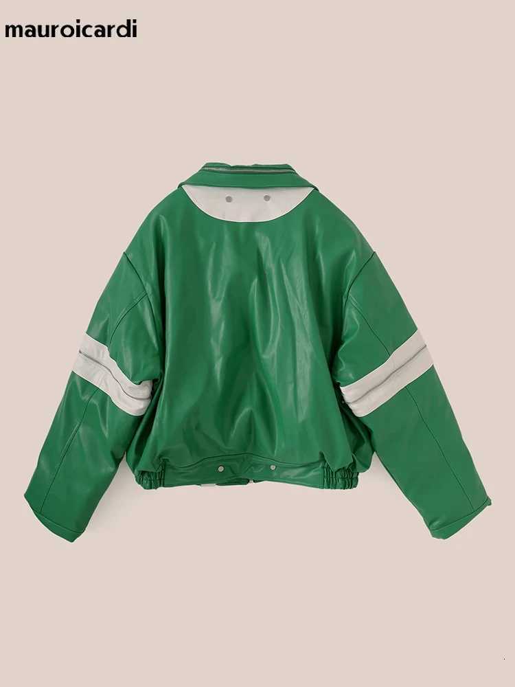 Mauroicardi Spring Autumn Oversized Green and White Patchwork Pu Leather Jacket Men with Many Zippers Luxury Designer ClothesT251029