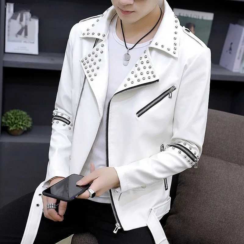 Personality Men Rivet Leather Jacket Fashion Punk Zipper Motorcycle Coat Teenager Nightclub Casual Pu Leather Lapel Slim JacketT251029