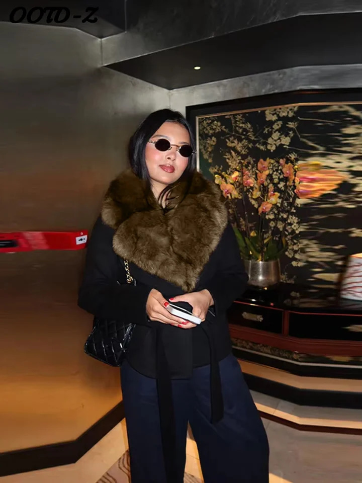 Elegant Faux Fur Lace Up Woolen Coat Women Shawl Collar Belted Waist Full Sleeve Coats Female Autumn Winter Fashion Lady Outwear 251028