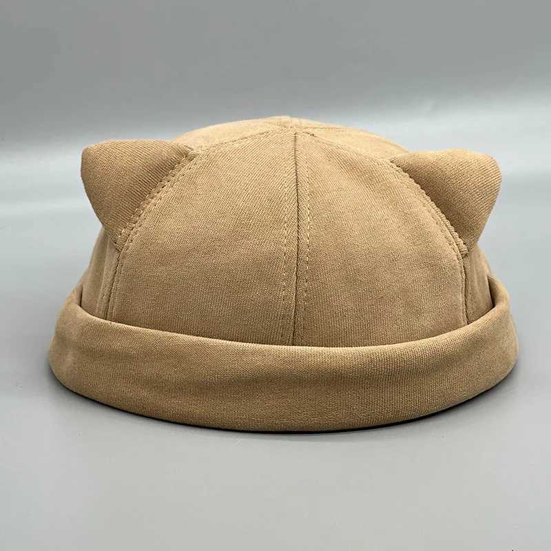 Vintage Dome Hat Mens Women Brimless Skull Caps Cat Ear Cotton Beanies for Men Docker Sailor Crimping Hat Casual Hip Hop Cap