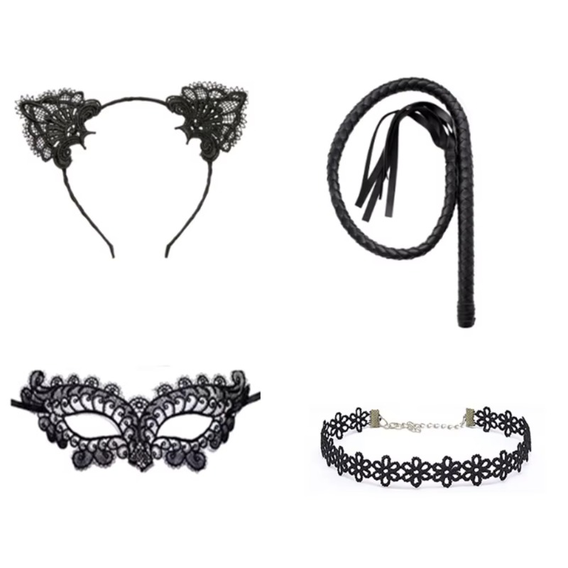 4 black cat costume sets, including shiny cat ears, headbands, tails, bow ties, fishing net gloves, lace masks and Cosplay costumes