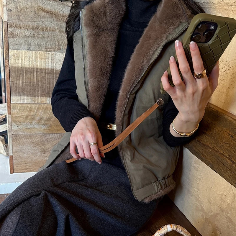Women Korean Style Mink Fur Reversible Vest Coats Autumn Winter Highend Stand Collar Thick Warm Loose Casual Zipper Waistcoat 251027