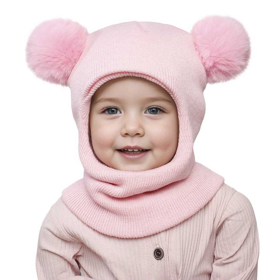 Kids Autumn Winter Pullover Hat Childrens Double Ball Ear Protection Onepiece Hats Baby Yarn Knit Cap Balaclava Christmas Gift251028