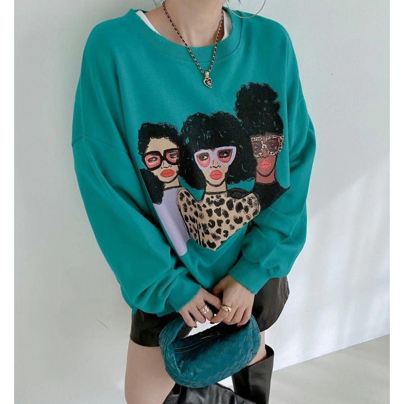 Designer Fashion Autumn/Winter Retro Personalized Round Neck Cartoon Printed Design Loose New Multi functional Long Sleeve Wool Women's Sweatshir