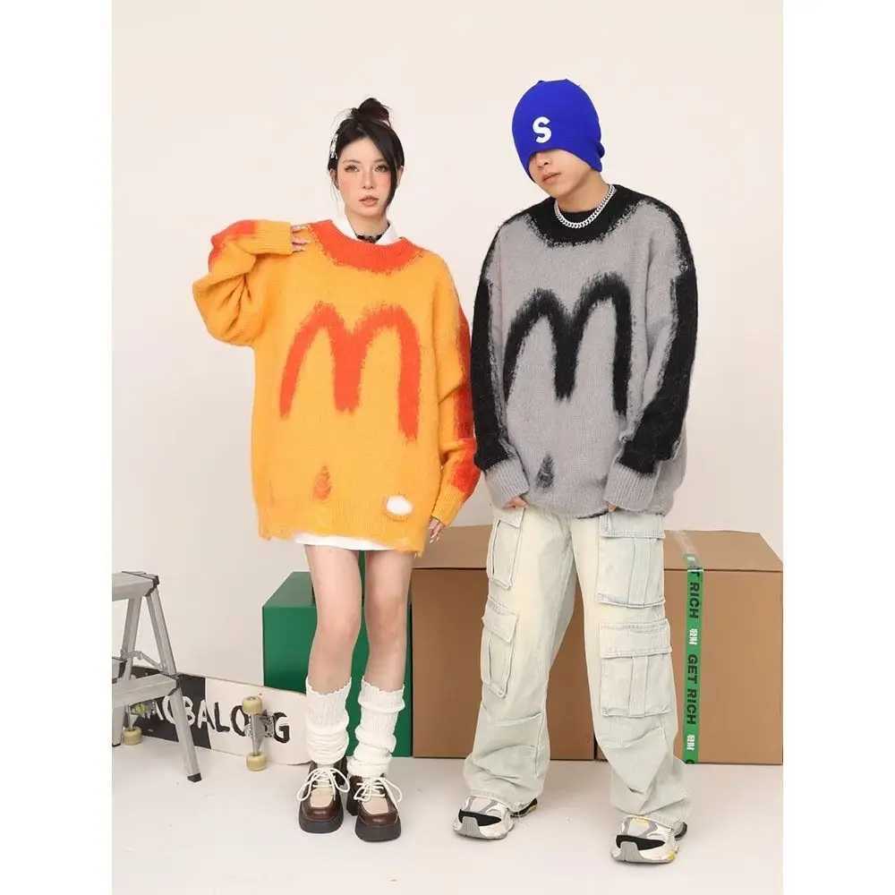 Beianji men sweater M niche design sense orange knitted sweater men and women American retro casual ripped couple longsleeve top J251029