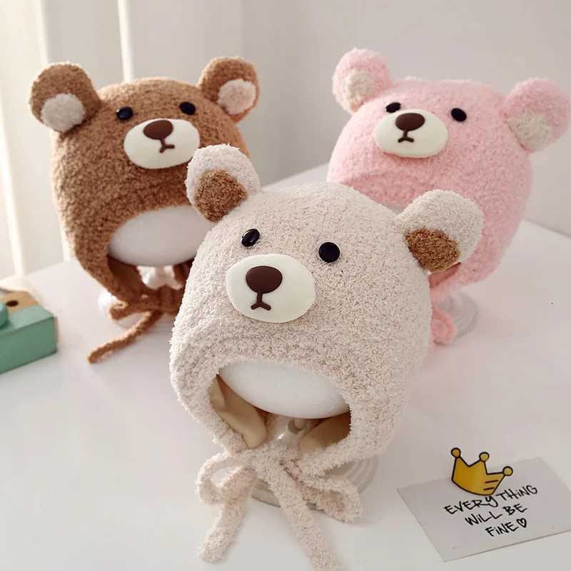 Cute Bear Baby Beanies Winter Warm Toddler Ear Protection Hat 324Month Boy Girl Plush Earmuffs Cap Coral Velvet Headgear Bonnet251028