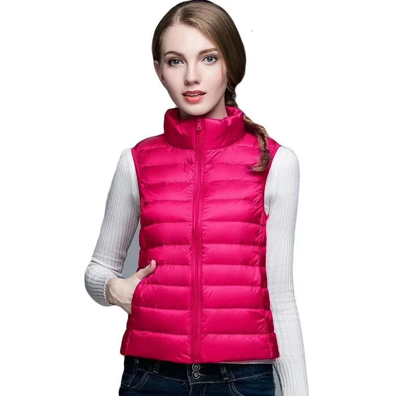 Red Collar Womens Lightthin Sleeveless Vest Jacket Fashion Short Female Vests Blue Khaki Green Black Waistcoat Asian Size 251027