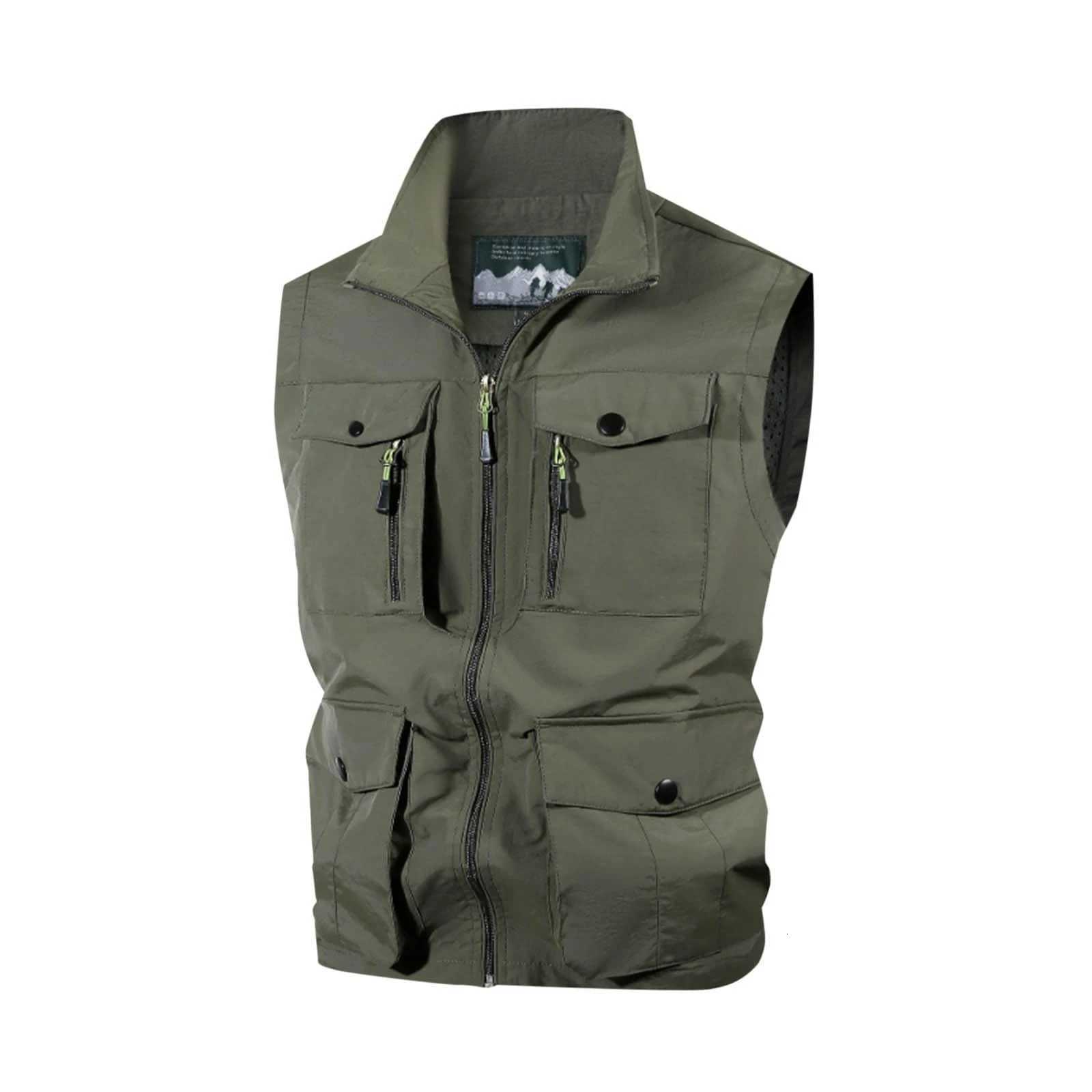 Spring And Autumn MenS Outdoor Multi Pocket Solid Color Zipper Lapel Vest Suitable For Casual Daily Wear W251029