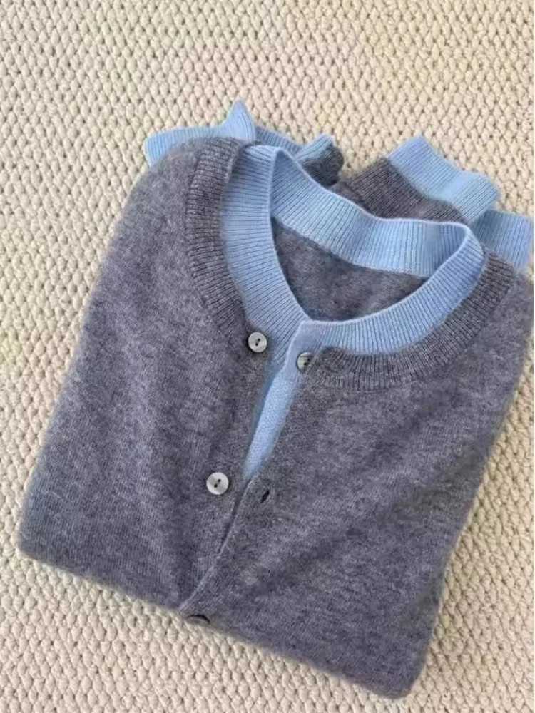 Korean Splice Knitted Cardigan Round Neck Sweater Womens Inner Wear Base Knitwear Shirt Autumn Winter Matching TopT251028