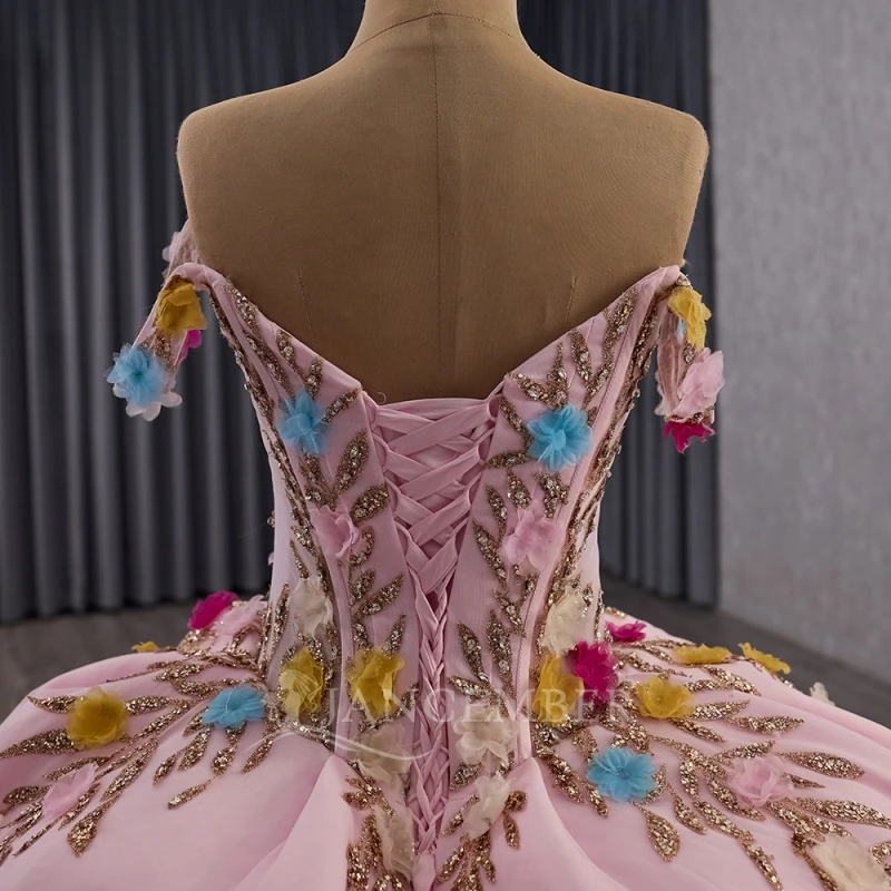 Pink Shiny Ball Gown Quinceanera Dresses Off The Shoulder Sequin Applique Flower Beads Tiered Tull Party Birthday Sweet 16 Dress Vestidos 15 Anos