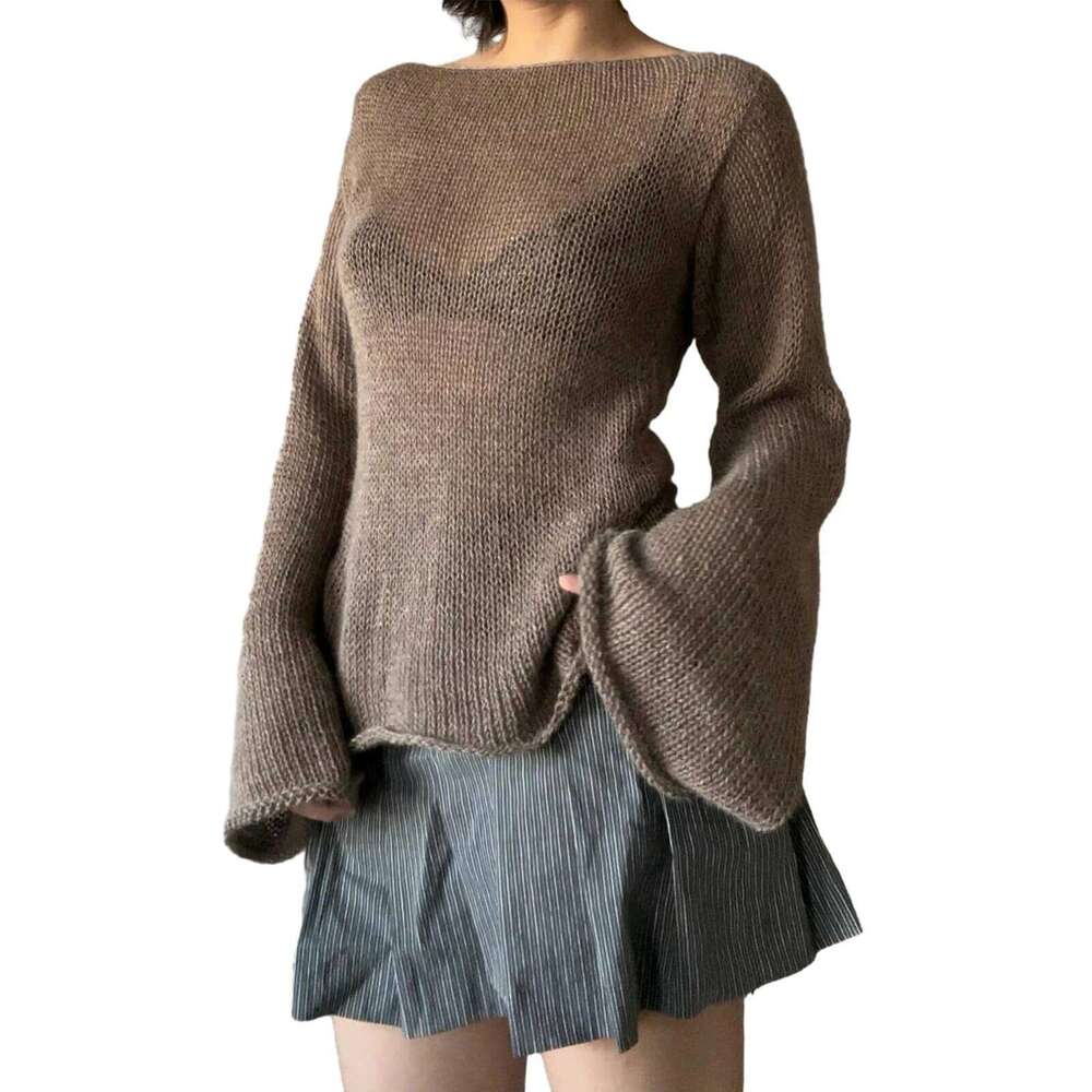 Fashion Women's T-Shirt Tie Back Sweaters Long Sleeve Boat Neck Solid Color Knit Pullover Casual Tops Streetwear Y2k Summer Cami Designer Sweater