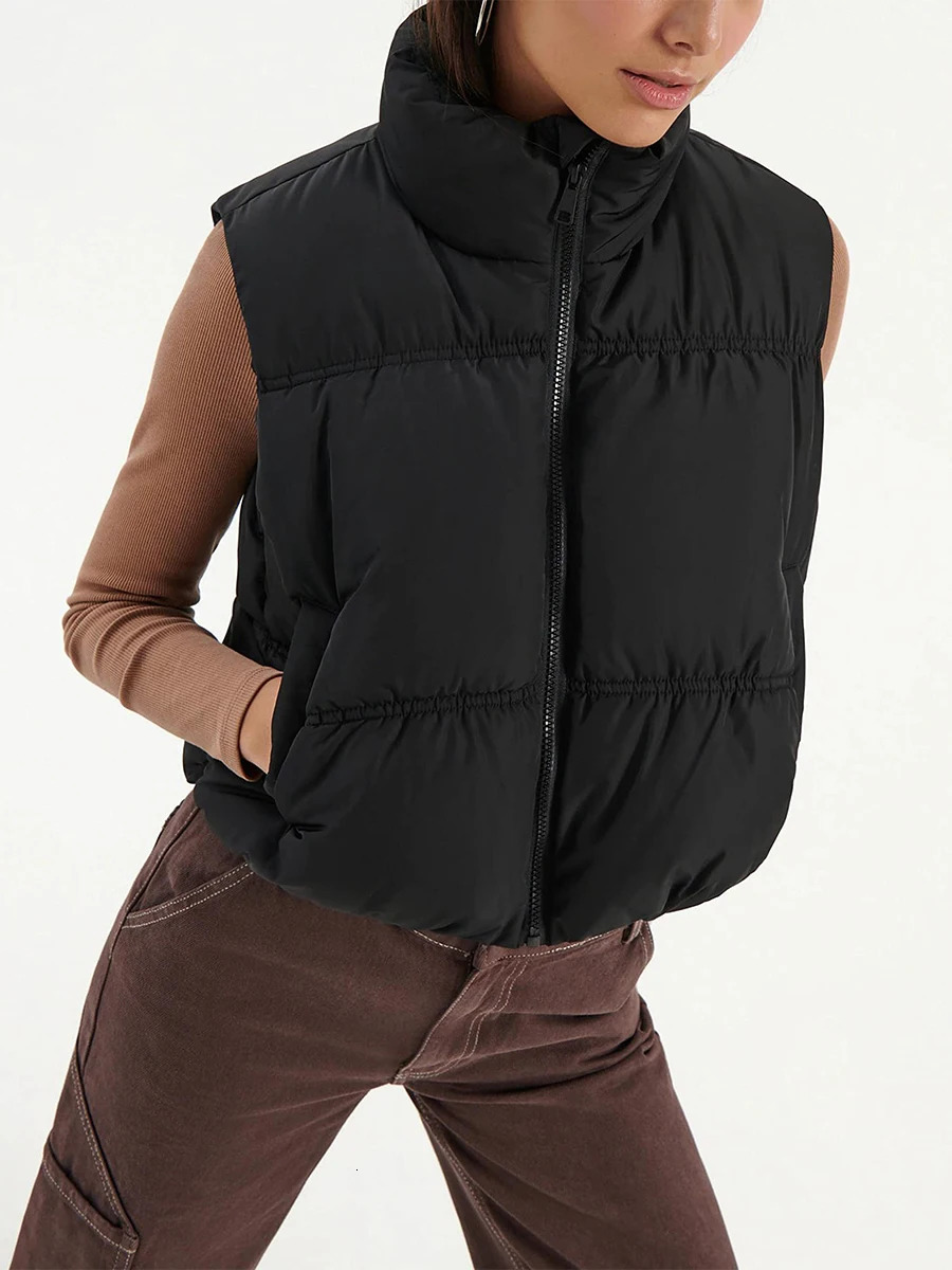 Women s Winter Quilted Waistcoat Solid Color Lightweight Zip Stand Collar Winter Vest Sleeveless Jacket 251029