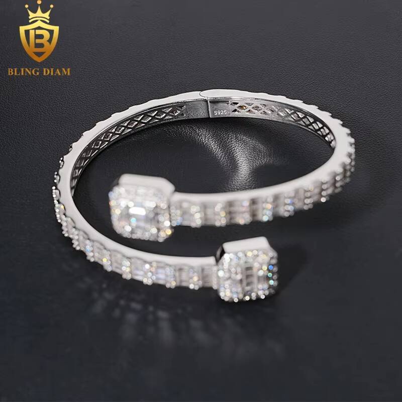 Fine Fashion Jewelry 6mm Open Square Bracelet 925 Sliver Iced Out Baguette Moissanite Cuban Link Bracelets