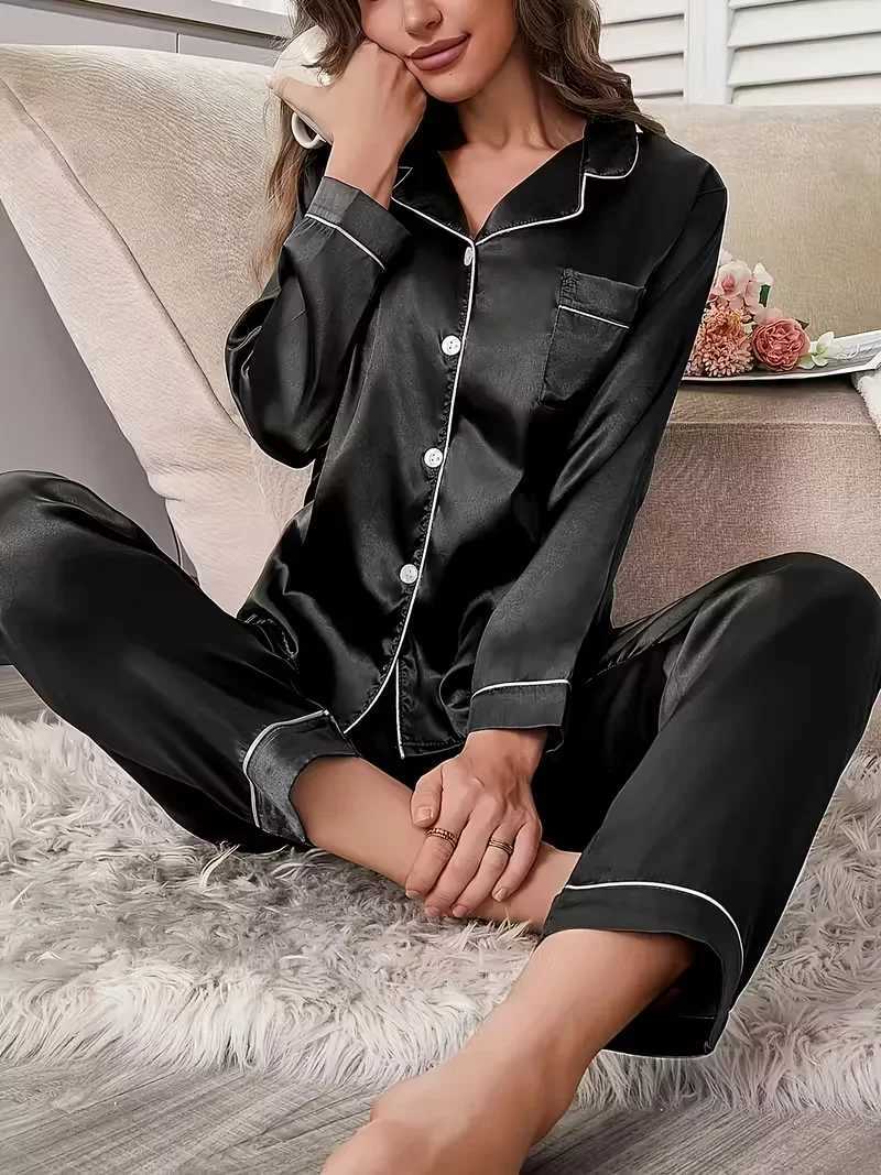 Autumn Winter Silk Pajamas Set for Women Casual Soft Breathable and Relaxed Fit Long Shirt Tops and Long Pants SleepwearT251029