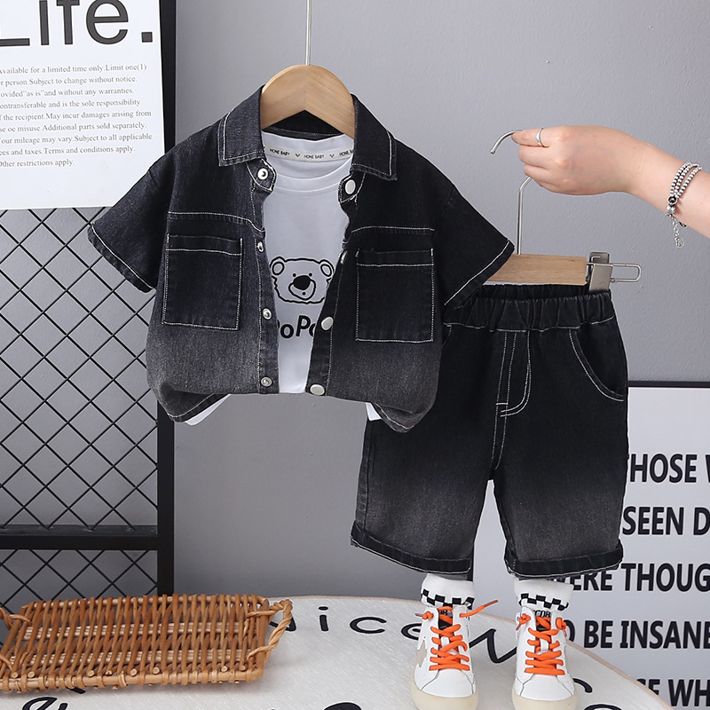 boys clothes 2025 New Fashion Boys Clothes, Solid Color Ombre Denim 3-Piece Set, Casual Summer Outfit for Toddler Kids Daily Playtime