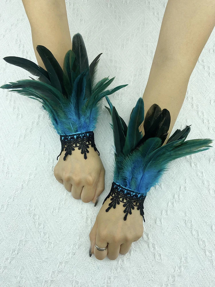 Natural Feather Sleeve Cuffs Gloves Party Cosplay Lace Wrist Cuffs Fur Sleeve Furry Accessories Carnival Stage Show Costume 251029