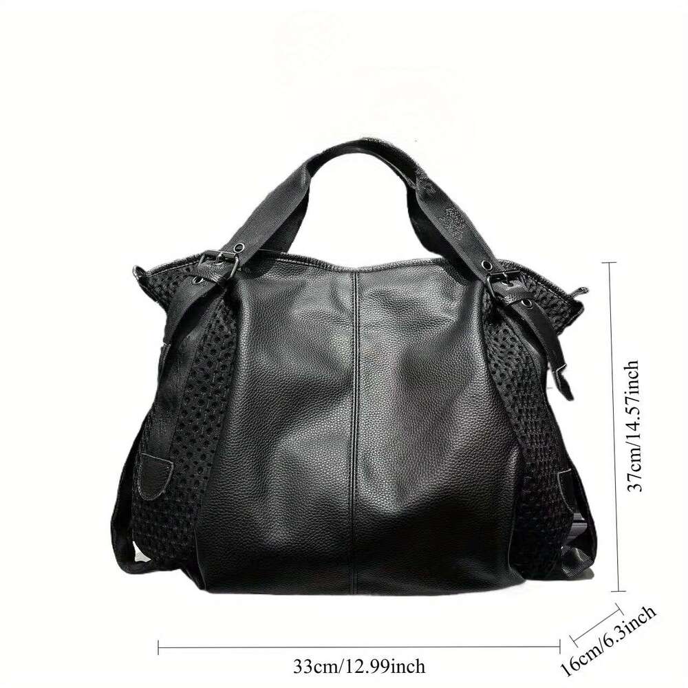 Large Capacity Mesh Spliced Shoulder Bag Street Style Handbag With Adjustable Strap, Black Nylon Polyester Lining, Zipper Closure For Daily