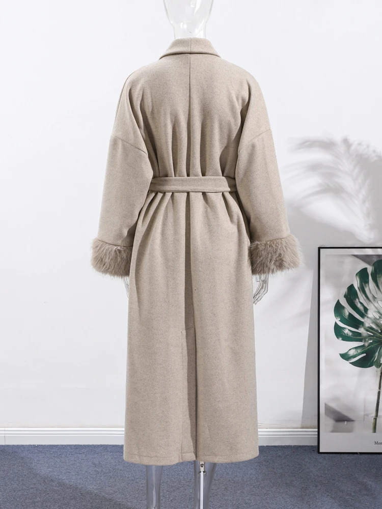 Fashion Patchwork Faux Fur Sleeve Woolen Jacket With Belt Women Winter Long Lace Up Coats Street Office Lady Chic Outerwear 251028