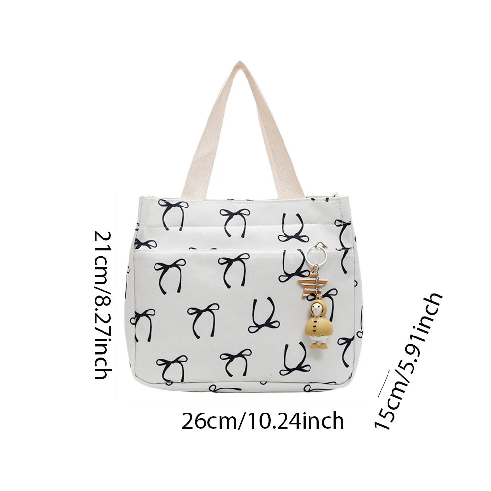 Canvas Lunch Bag Thermal Insulation Lunch Box Storage Handbag with Handle Casual Bow Print Tote Bag Lightweight Hobo Bag Picnic 251029