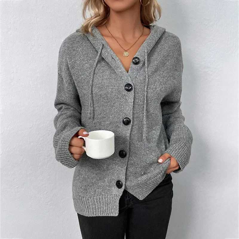 Women Knit Hooded Sweater Coat Single Breasted Thick Cardigan Solid Casual Splice Jumpers Full Sleeve Regular Winter 2024T251028