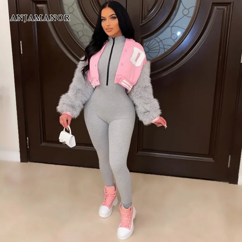ANJAMANOR D Letter Fur Sleeve Sport Jacket Women Clothing Wholesale Cropped Baseball Varsity Jacket Cardigan Coats D48EB34 251029