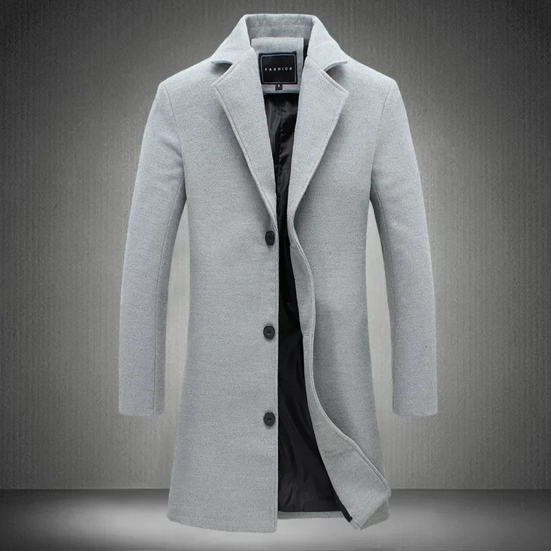 Spring Autumn Long Cotton Coat Wool Blend Pure Color Casual Business Fashion Mens Clothing Slim Windbreaker Jacket 251029