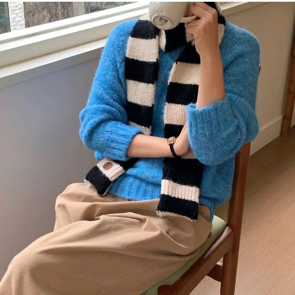 Black And White Striped Scarf Women In Winter Colour Blocking Stripes Long Narrow Harajuku Scarf Students Knitted Neck Warmer 251029
