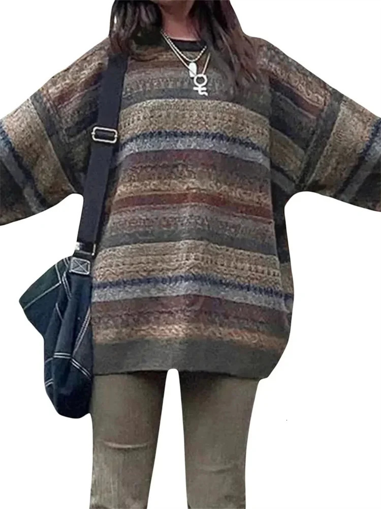 Women Sweater Vintage Long Sleeve Crew Neck Striped Knit Pullovers Tops Jumpers for Casual Daily Fall Winter 251016