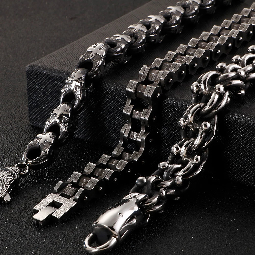 Heavy Stainless Steel Cross Bracelet Men 23CM Long 1M Wide Bicycle Chain Mens Bracelets Accessories Vintage Biker Jewelry 251028