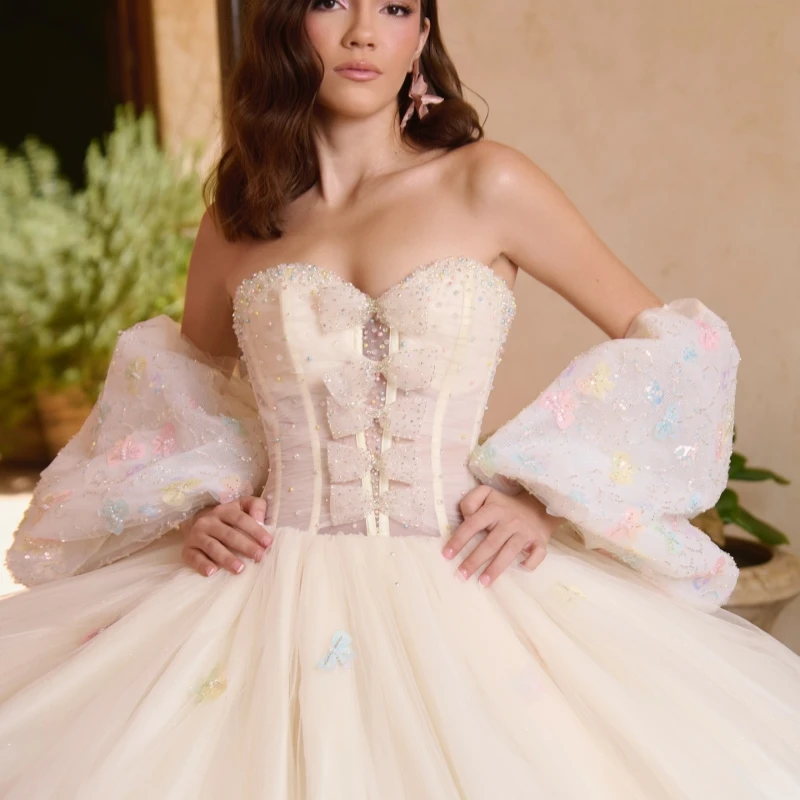 Khaki Shiny Quinceanera Dresses Off The Shoulder Flower Bow Beads Tull Party Birthday Sweet 16 Dress Vestidos De 15 Anos