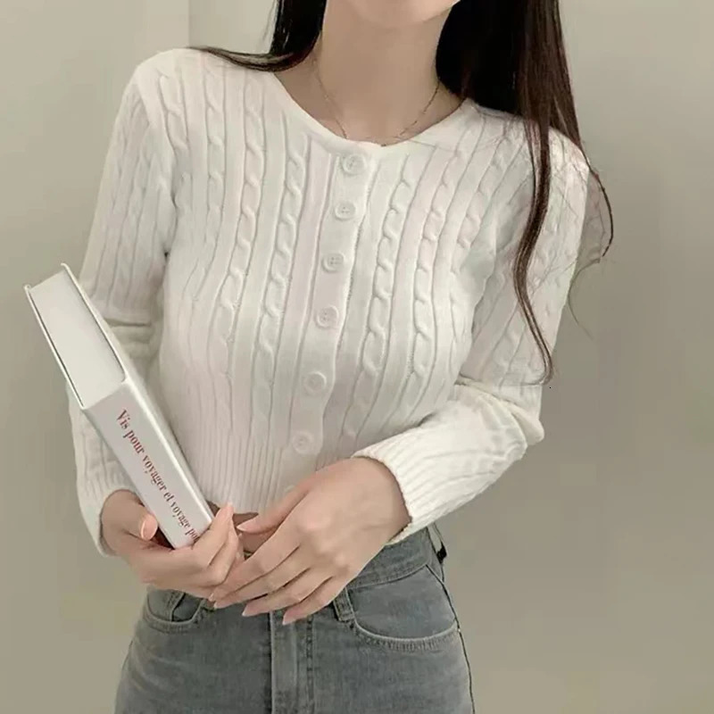 Ribbedd Cable Knit Crop Top for Women Teens Long Sleeve Buttonup Slim Fitted Cardigan Sweater Y2K Kpop Outfit 251029